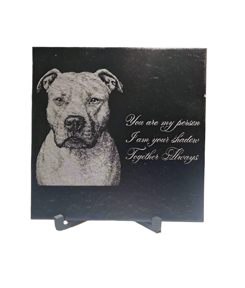Card with a dog illustration and text on a stand