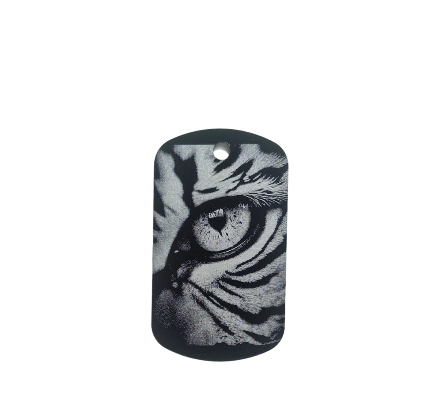 Dog tag with tiger eye design on a white background