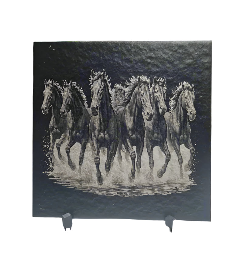 Artistic depiction of horses running on a textured black background