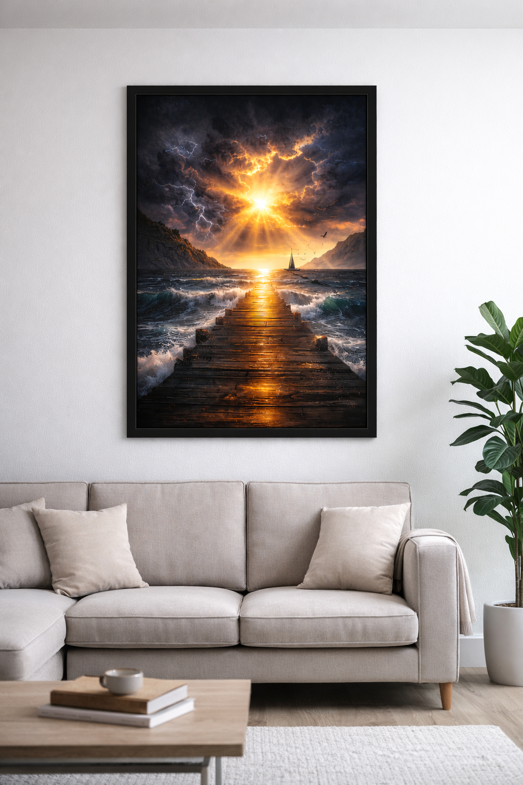 Framed artwork of a sunset over water with a pier, displayed above a sofa in a living room.