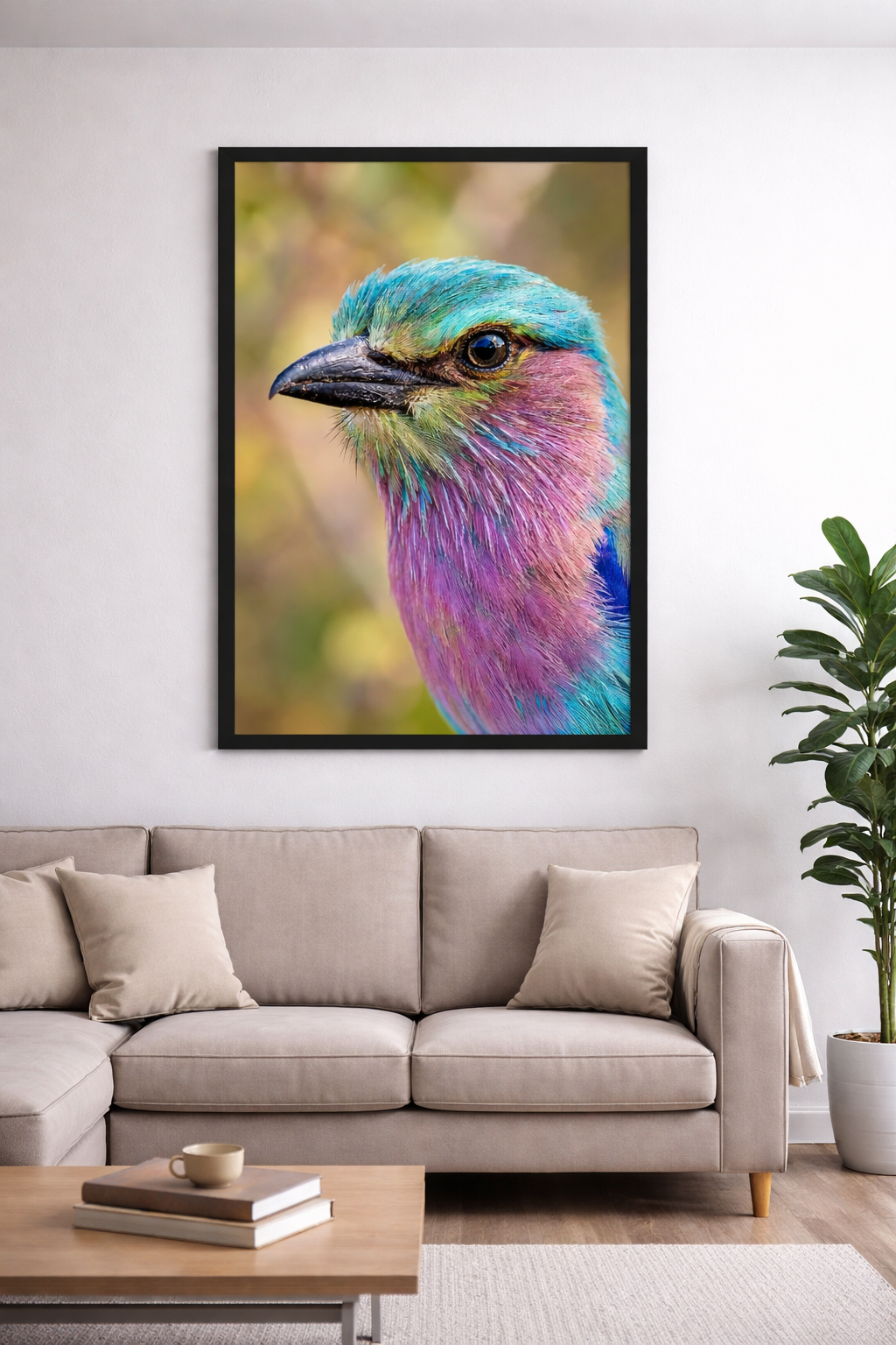 Framed colorful bird painting on a wall above a sofa in a living room.