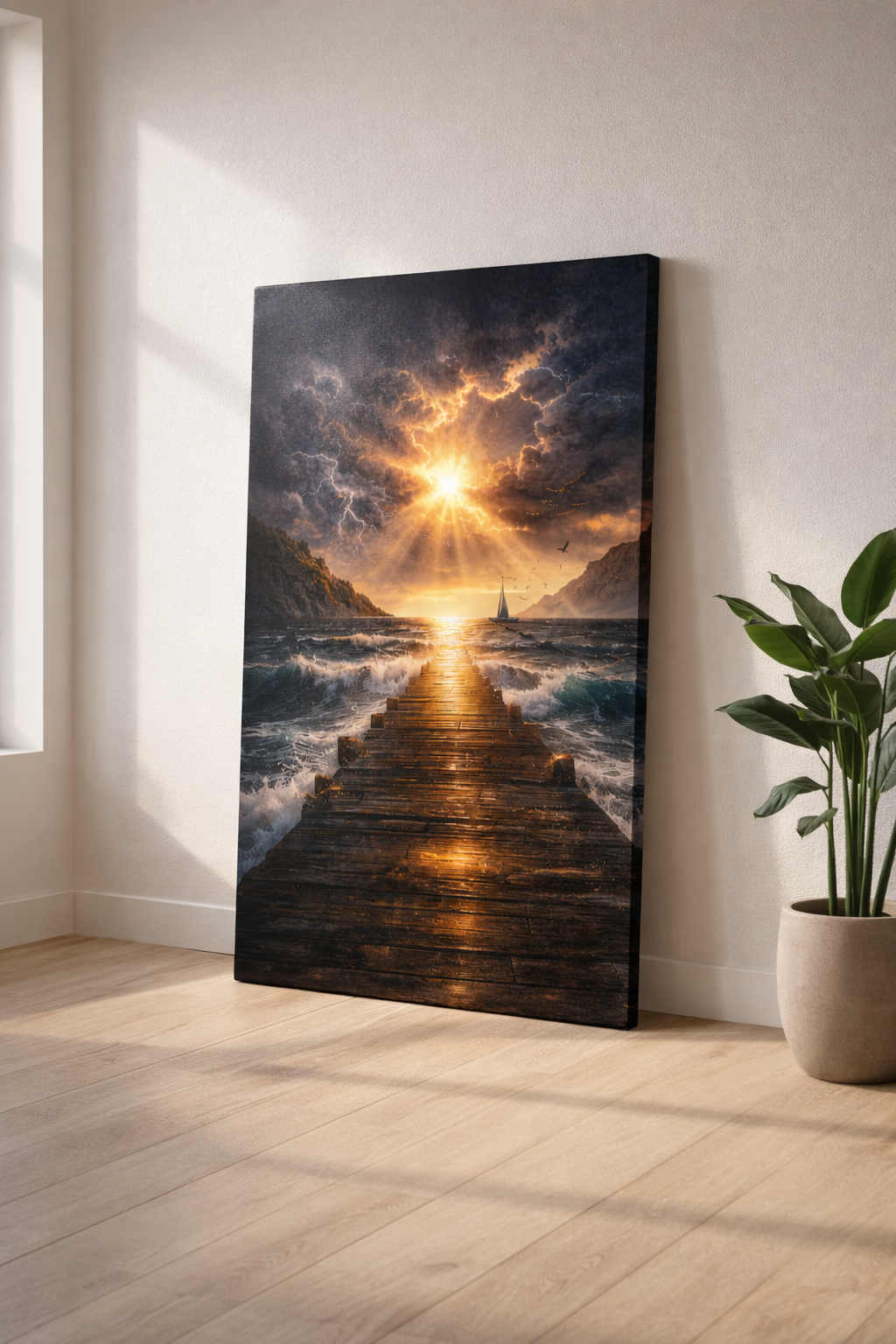 Canvas print of a sunset over water with a dock, placed on a wall in a room with a plant.