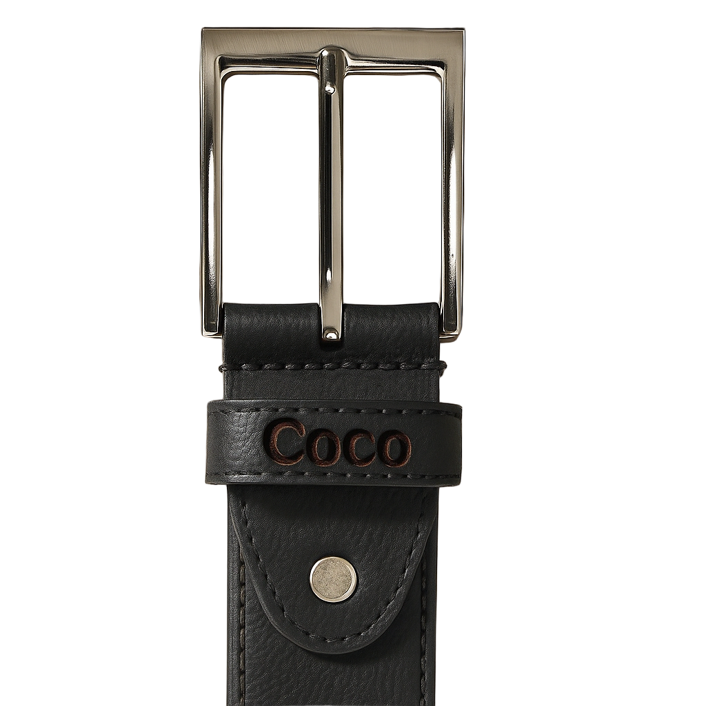 Black leather belt with silver buckle on a white background
