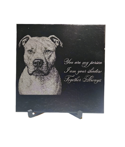 Card with a dog illustration and text on a stand