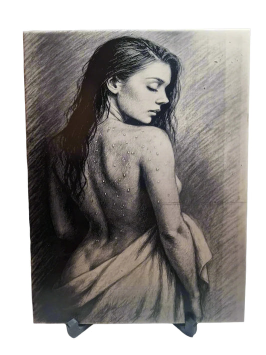 Pencil drawing of a woman sitting with her back to the viewer on a textured surface.