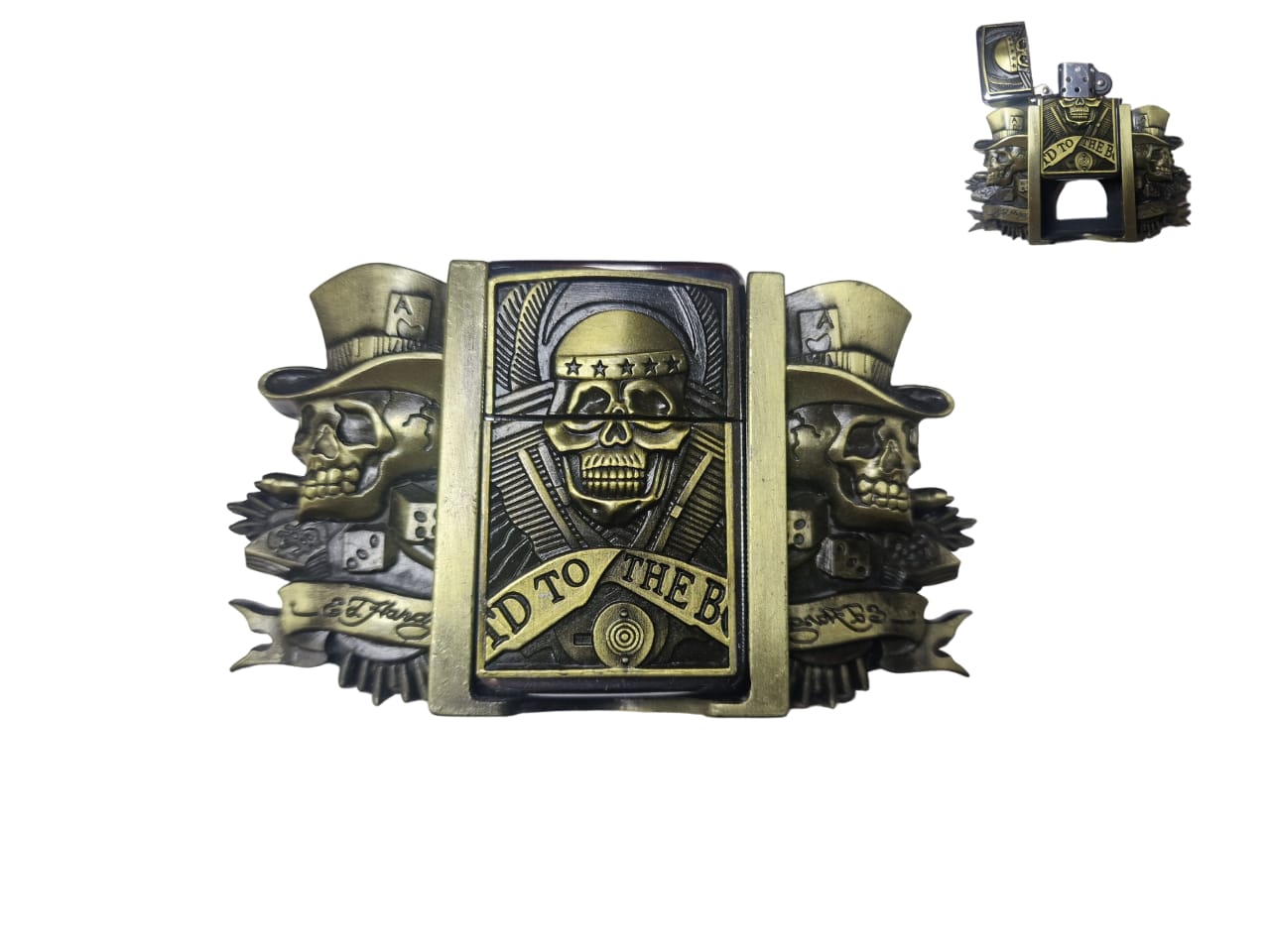Skull & Cards Belt Buckle with Built in Lighter Holder