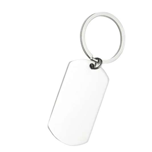 White dog tag keychain on a white background