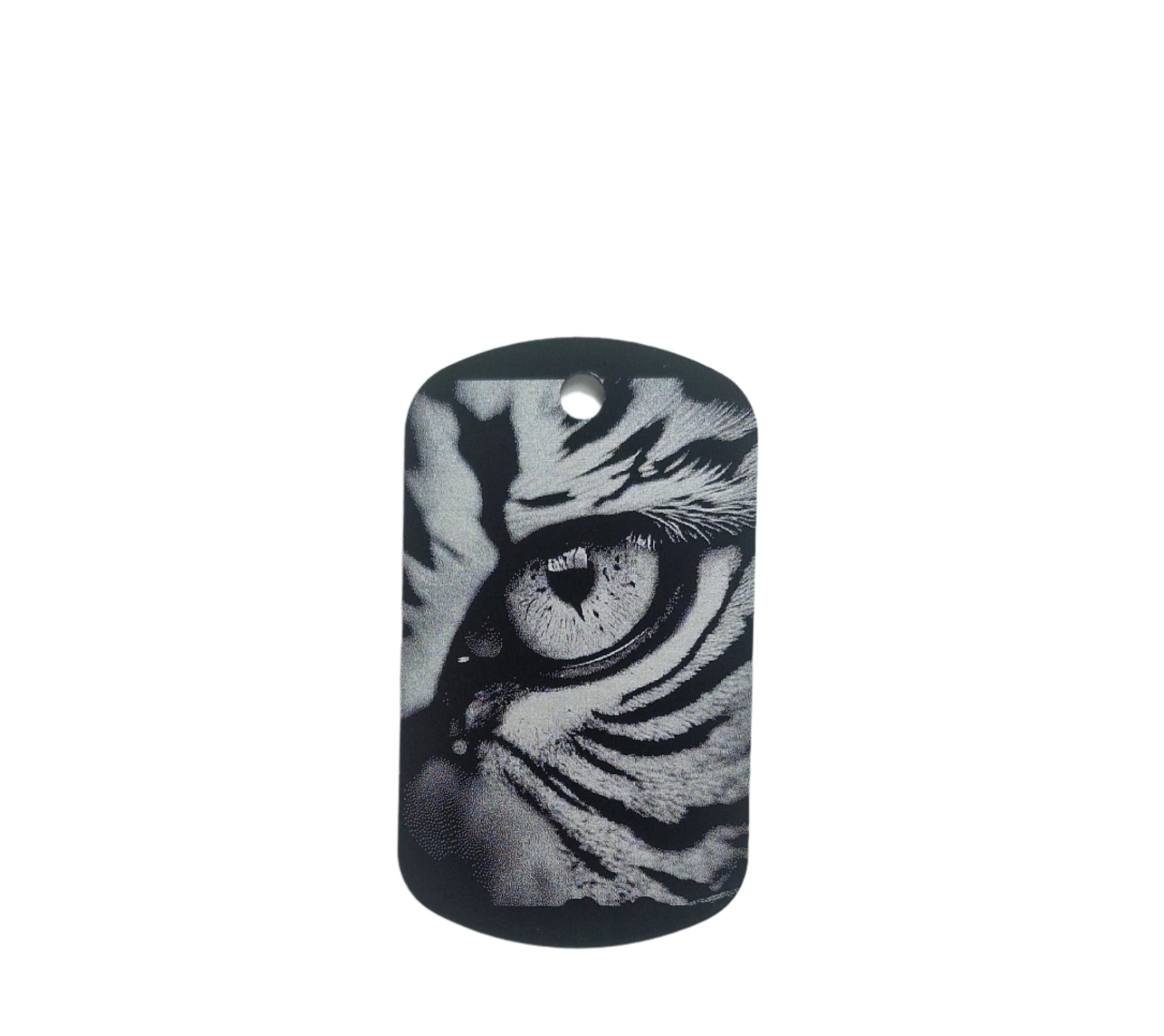 Dog tag with tiger eye design on a white background