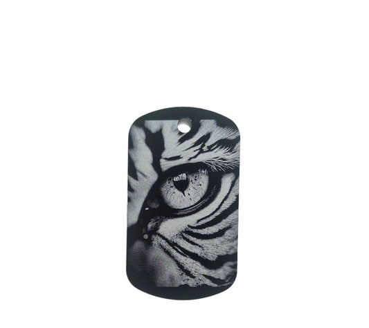 Dog tag with tiger eye design on a white background