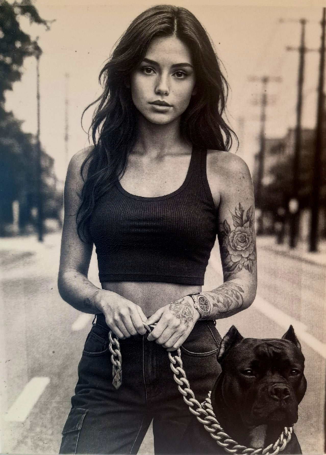 Woman with tattoos holding a chain, standing next to a black dog on a street.
