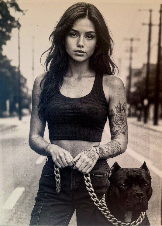 Woman with tattoos holding a chain, standing next to a black dog on a street.