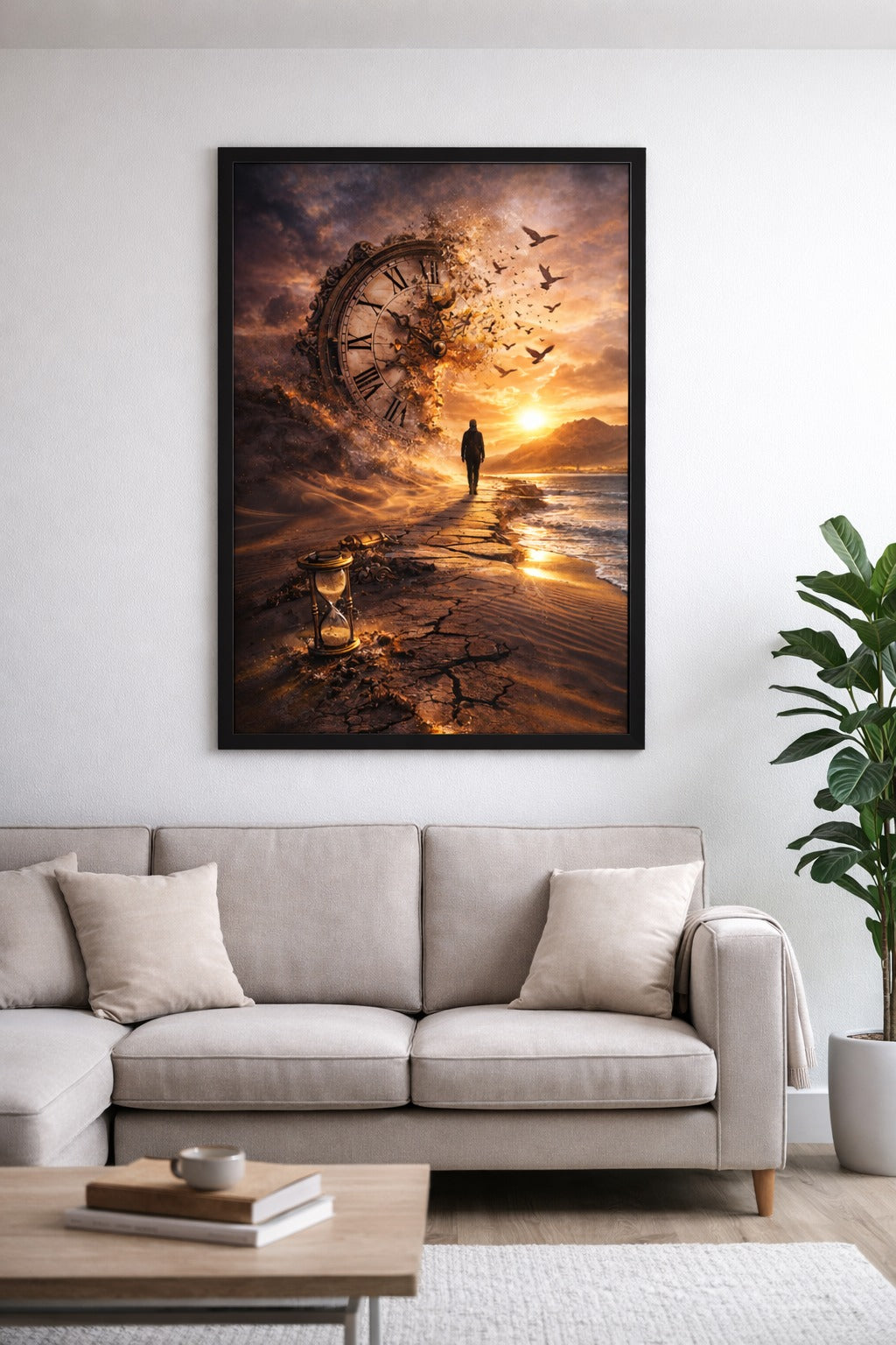 Framed artwork of a person walking on a beach with a clock tower at sunset, above a sofa.