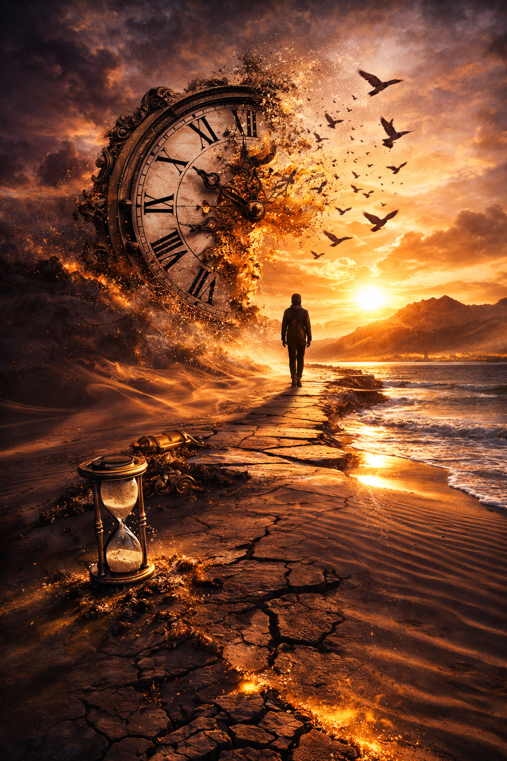 Person walking along a beach with a large clock and hourglass, under a dramatic sky.
