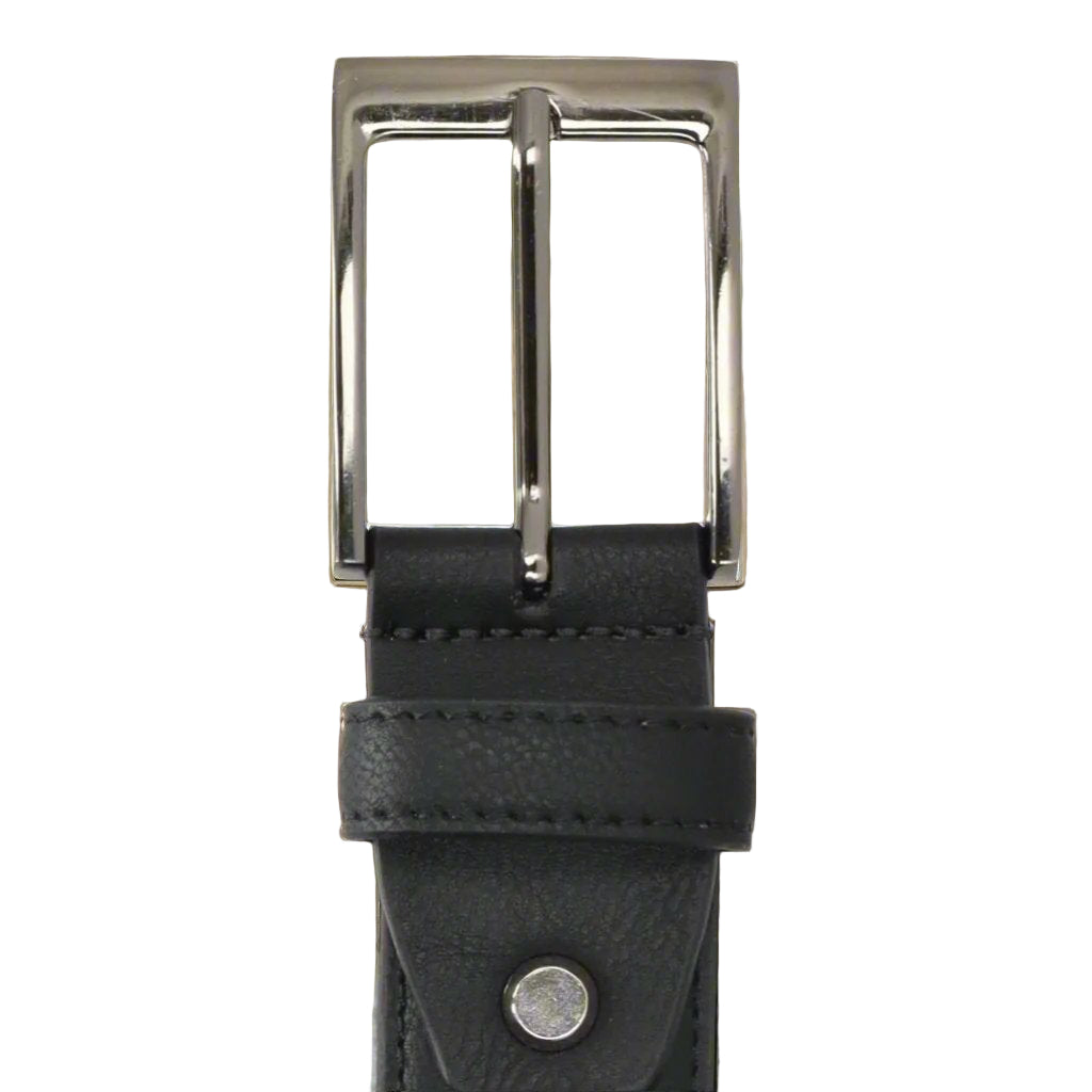 Black leather belt with a silver buckle on a white background