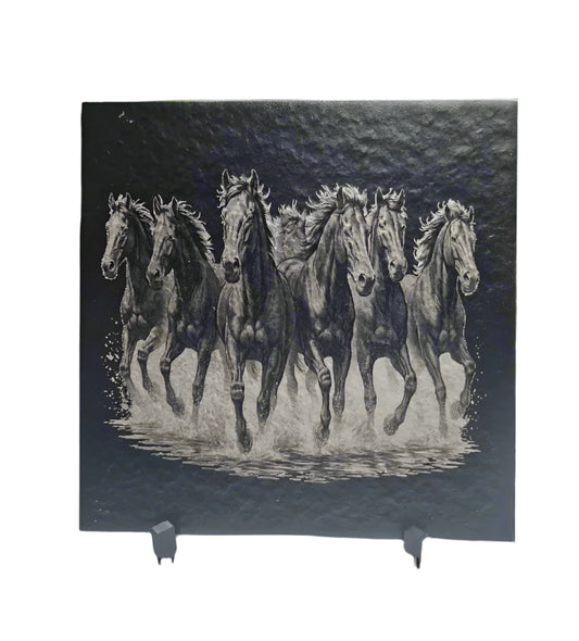 Artistic depiction of horses running on a textured black background
